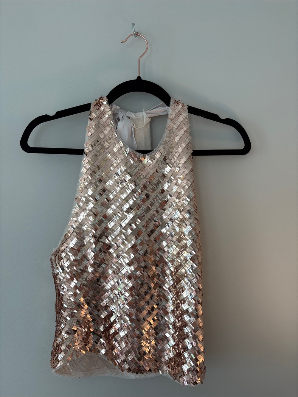 Sequin Halter Tie-Back Top in Rose Gold